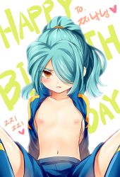 Rule 34 | 1boy, androgynous, aqua hair, bad id, bad pixiv id, blush, brown hair, english text, hair over one eye, happy birthday, heart, inazuma eleven, inazuma eleven (series), inazuma japan, jacket, kazemaru ichirouta, long hair, looking at viewer, male focus, nalse, navel, nipples, open clothes, open jacket, parted lips, ponytail, raimon, topless male, sitting, solo, track jacket, trap, white background