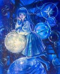 Rule 34 | 1girl, blue theme, blunt bangs, bubble, commentary request, full body, full moon, head rest, highres, kneehighs, loafers, long hair, long sleeves, looking to the side, moon, oil painting (medium), original, painting (medium), parted lips, pleated skirt, ringodrawing, sailor collar, school uniform, serafuku, shirt, shoes, skirt, socks, solo, star (symbol), surreal, traditional media, white shirt