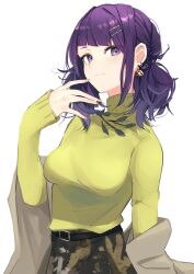Rule 34 | 1girl, absurdres, asymmetrical bangs, blunt bangs, breasts, diagonal bangs, ear piercing, earrings, green shirt, hair ornament, hairpin, highres, idolmaster, idolmaster shiny colors, jewelry, light smile, looking at viewer, medium breasts, ogura tubuan, piercing, purple eyes, purple hair, shirt, simple background, solo, tanaka mamimi, twintails, white background