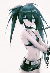 Rule 34 | 1girl, absurdres, asymmetrical hair, belt, belt buckle, bikini, bikini top only, black bikini, black choker, black hair, black ribbon, black rock shooter, black rock shooter (character), black shorts, blue eyes, breasts, buckle, chain, choker, closed mouth, collarbone, cowboy shot, hair between eyes, halterneck, highres, long hair, looking at viewer, ly (pixiv13839236), navel, restrained, ribbon, scar, short shorts, shorts, simple background, small breasts, solo, standing, swimsuit, very long hair, white background, white belt