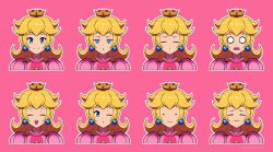 Rule 34 | 1girl, :o, :|, ^ ^, blank eyes, blank stare, blonde hair, blue eyes, brooch, closed eyes, closed mouth, constricted pupils, cropped shoulders, crown, dress, earrings, expressionless, face, frown, jewelry, jitome, looking at viewer, mario (series), medium hair, multiple views, nintendo, one eye closed, open mouth, outline, parted lips, phiphi-au-thon, pink background, pink dress, princess, princess peach, puffy short sleeves, puffy sleeves, short sleeves, simple background, smile, stitched mouth, stitches, super mario bros. 1, super smash bros., surprised, twitter username, v-shaped eyebrows, variations, white outline, wide-eyed, worried