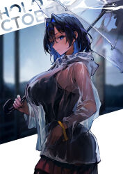 1girl absurdres alternate_costume black_tank_top blue_eyes blue_hair breasts closed_mouth cowboy_shot from_side hair_between_eyes hair_intakes highres holding holding_umbrella hololive hololive_english large_breasts looking_at_viewer medium_hair ouro_kronii profile rain raincoat see-through_clothes see-through_raincoat sideways_glance solo standing tank_top transparent transparent_umbrella umbrella virtual_youtuber vyragami