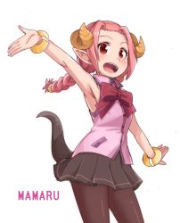 Rule 34 | 1girl, arm up, armpits, black pantyhose, black skirt, borrowed character, braid, character name, female focus, highres, horns, mamaru, open mouth, original, pantyhose, pink hair, pleated skirt, pointy ears, red eyes, roku kyuu, simple background, single braid, skirt, sleeveless, solo, tail, white background