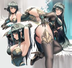 Rule 34 | 1girl, armpits, ass, bed, black gloves, black panties, black thighhighs, blush, breasts, brown eyes, clawed gauntlets, cleavage, dress, earrings, flower, foot out of frame, full body, gloves, green dress, green hair, hair bun, hair flower, hair ornament, hand in own hair, hanying (punishing: gray raven), high heels, highres, jewelry, large breasts, long hair, looking at viewer, lying, mole, mole under eye, multicolored hair, multiple views, on side, panties, parted lips, pelvic curtain, presenting armpit, punishing: gray raven, silence girl, smile, streaked hair, thighhighs, thighs, underwear, upper body, very long hair