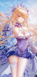 Rule 34 | 1girl, absurdres, alternate costume, alternate eye color, asymmetrical legwear, blonde hair, blue background, bow, detached collar, detached sleeves, dress, eyepatch, fischl (ein immernachtstraum) (genshin impact), fischl (genshin impact), frilled dress, frills, genshin impact, hair ribbon, highres, juliet sleeves, long hair, long sleeves, looking to the side, multicolored background, puffy sleeves, red eyes, ribbon, short dress, solo, thighhighs, tiara, very long hair, white background, white eyepatch, white thighhighs, yinghua ruan