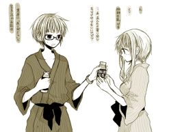 Rule 34 | 1boy, 1girl, anzu (o6v6o), bottle, dual persona, frown, genderswap, genderswap (ftm), glasses, greyscale, gumi, gumiya, holding, holding bottle, japanese clothes, kimono, looking at another, monochrome, obi, sash, short hair with long locks, simple background, striped clothes, striped kimono, sweatdrop, translation request, v-shaped eyebrows, vertical-striped clothes, vertical-striped kimono, vocaloid, watch, white background, wide sleeves, wristwatch