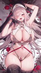 Rule 34 | 1girl, absurdres, arm up, armpits, bare shoulders, black gloves, black headwear, black panties, black thighhighs, blush, breasts, cleavage, eyes visible through hair, flower, gloves, grey hair, hair over one eye, highres, large breasts, long hair, looking at viewer, lying, navel, nun, on back, open mouth, original, panties, petals, pointy ears, red eyes, rose, sideboob, solo, sora 72-iro, thighhighs, thighs, tongue, tongue out, underwear