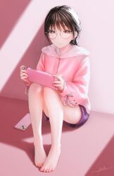 Rule 34 | 1girl, blush, brown hair, cellphone, day, full body, glasses, handheld game console, highres, holding, holding handheld game console, knees up, long hair, long sleeves, looking at viewer, nintendo switch, ojay tkym, original, parted lips, phone, pink sweater, purple shorts, red eyes, ribbon-trimmed sleeves, ribbon trim, shorts, signature, sitting, smartphone, solo, sunlight, sweater