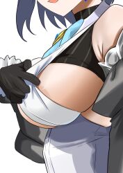 Rule 34 | 1girl, areola slip, armpit crease, black gloves, blue hair, breasts, crop top, dark blue hair, detached sleeves, gloves, head out of frame, highres, hololive, hololive english, large breasts, ouro kronii, ouro kronii (1st costume), redi (rasec asdjh), short hair, sideboob, simple background, solo, upper body, virtual youtuber, white background