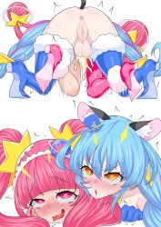 Rule 34 | 2girls, :o, ahegao, ahoge, all fours, animal ears, anus, aqua gloves, ass, bar censor, bare shoulders, belt, blue hair, blunt bangs, blush, boots, braid, breasts, cat ears, cat tail, censored, chirimen jakko, cum, cum in pussy, cure cosmo, cure star, doggystyle, elbow gloves, from behind, full-package futanari, fur trim, futa with female, futanari, gloves, hair ornament, heart, heart-shaped pupils, high heels, highres, hoshina hikaru, jewelry, long hair, medium breasts, multicolored hair, multiple girls, multiple views, nipples, open mouth, orgasm, cum overflow, pink hair, pointless censoring, precure, pussy, pussy juice, sex, sex from behind, star twinkle precure, sweat, symbol-shaped pupils, tail, testicles, thigh boots, thighhighs, tongue, tongue out, trembling, vaginal, yellow eyes, yuni (precure)