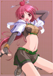 Rule 34 | 1girl, :d, ahoge, apple, apple on head, arched back, archived source, arm behind head, arm up, arrow (projectile), arrow through apple, belt, belt buckle, bike shorts under skirt, black shorts, breasts, brown skirt, buckle, elbow gloves, fang, fingerless gloves, food, food on head, fruit, fruit on head, gloves, green belt, grey gloves, hunter (ragnarok online), long hair, looking at viewer, medium breasts, navel, object on head, open mouth, pink eyes, pink hair, ragnarok online, shorts, side slit, skirt, smile, solo, toujou akira