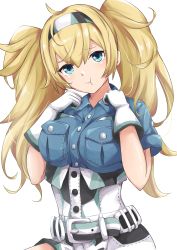 Rule 34 | 1girl, ahoge, bad id, bad twitter id, blonde hair, blue eyes, breast pocket, breasts, commentary request, gambier bay (kancolle), gloves, hairband, highres, hoshimiya mashiro, kantai collection, large breasts, long hair, looking at viewer, pocket, pout, simple background, solo, twintails, upper body, white background, white gloves