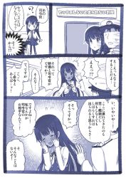 Rule 34 | 1boy, 1girl, admiral (kancolle), asashio (kancolle), blue theme, blush, closed eyes, comic, commentary request, door, dress, emphasis lines, full-face blush, hands on own face, hat, highres, kantai collection, kujira naoto, long hair, long sleeves, military, military uniform, monochrome, naval uniform, peaked cap, pinafore dress, sleeveless, sleeveless dress, surprised, translation request, uniform
