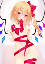 Rule 34 | 1girl, blonde hair, blush, bow, breasts, christmas, collar, crystal, flandre scarlet, frontal wedgie, groin, hair between eyes, long hair, looking at viewer, mouth hold, naked ribbon, navel, nude, one side up, red eyes, red ribbon, ribbon, ribbon in mouth, simple background, small breasts, solo, tosakaoil, touhou, wedgie, wings