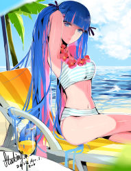 Rule 34 | 10s, 1girl, absurdres, bad id, bad pixiv id, beach, bikini, blue eyes, blue hair, blunt bangs, chair, colored inner hair, day, highres, long hair, lounge chair, matching hair/eyes, multicolored hair, navel, ocean, outdoors, palm tree, panty &amp; stocking with garterbelt, pink hair, rrr (627470487), rrr (reason), sitting, solo, stocking (psg), striped bikini, striped clothes, swimsuit, tree, two-tone hair