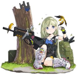 Rule 34 | 1girl, aged down, animal request, assault rifle, backpack, bag, bird, black gloves, black skirt, blonde hair, blue eyes, blue shirt, boots, bullpup, character name, closed mouth, collarbone, colored shoe soles, cross-laced footwear, elbow pads, famas, famas (forest whisperer and birds) (girls&#039; frontline), famas (girls&#039; frontline), fingerless gloves, full body, girls&#039; frontline, gloves, grass, green bag, gun, heart, holding, holding gun, holding weapon, knife, ky (nimbusky), lace-up boots, layered shirt, leaf, long hair, looking to the side, official alternate costume, official art, planted, planted knife, planted weapon, rifle, shirt, short sleeves, simple background, sitting, skirt, sleeveless, sleeveless shirt, socks, solo, tactical clothes, transparent background, tree stump, very long hair, weapon, white footwear, white shirt, white socks