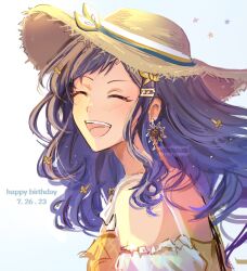 Rule 34 | 1girl, adair (juicelooped), blue hair, butterfly wings, closed eyes, commentary, dated, facing viewer, happy birthday, hat, highres, insect wings, long hair, official alternate costume, open mouth, project sekai, shiraishi an, smile, solo, star (symbol), sun hat, teeth, the vivid old tale (project sekai), upper body, upper teeth only, wings
