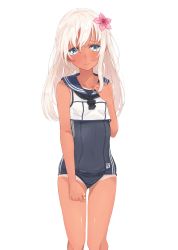 Rule 34 | 1girl, alakoala, blue eyes, blue one-piece swimsuit, blue sailor collar, blush, breasts, closed mouth, commentary request, flower, hair flower, hair ornament, hibiscus, highres, kantai collection, long hair, looking at viewer, one-piece swimsuit, one-piece tan, pink flower, ro-500 (kancolle), sailor collar, simple background, sleeveless, small breasts, solo, swimsuit, swimsuit under clothes, tan, tanline, white background