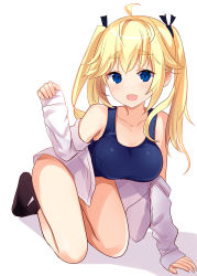 Rule 34 | 1girl, :d, absurdres, ahoge, all fours, bare shoulders, black ribbon, black socks, blonde hair, blue eyes, blue one-piece swimsuit, blush, breasts, collarbone, fang, grisaia (series), grisaia no kajitsu, hair ribbon, hand up, highres, large breasts, long hair, long sleeves, looking at viewer, matsushima michiru, natsu (sinker8c), off shoulder, one-piece swimsuit, open clothes, open mouth, open shirt, pinching sleeves, ribbon, school swimsuit, shadow, shirt, sidelocks, simple background, sleeves past wrists, smile, socks, solo, swimsuit, thick eyebrows, thighs, twintails, white background, white shirt