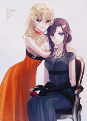 Rule 34 | 2girls, arms around neck, bad id, bad pixiv id, bare arms, bare shoulders, blackfangs, blonde hair, blush, breasts, brown hair, chair, chinese commentary, cleavage, closed mouth, collarbone, commentary request, crossed arms, dress, earrings, elbow gloves, feet out of frame, fingernails, floral print, flower, gloves, gradient background, grey background, grey dress, grin, hair between eyes, hair bun, hair flower, hair ornament, hair over shoulder, hairclip, hand on lap, highres, holding, holding flower, jewelry, leaning forward, light particles, long dress, long hair, looking at viewer, medium breasts, multiple girls, necklace, official alternate costume, official alternate hairstyle, on chair, orange dress, parted bangs, pearl hair ornament, pearl necklace, pink eyes, print dress, purple eyes, red flower, red rose, rose, saijou claudine, see-through, short sleeves, shoujo kageki revue starlight, shoujo kageki revue starlight -re live-, sidelocks, single hair bun, sitting, sleeveless, sleeveless dress, smile, tendou maya, wavy hair, wing hair ornament, yellow flower, yellow rose