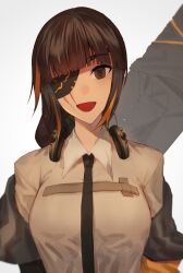 Rule 34 | 1girl, black jacket, black necktie, braid, brown eyes, brown hair, eyepatch, girls&#039; frontline, headset, highres, jacket, long hair, looking at viewer, m16a1 (girls&#039; frontline), mole, mole under eye, multicolored hair, necktie, open mouth, particle cannon case, scar, scar on face, shirt, simple background, smile, solo, xanax025, yellow shirt