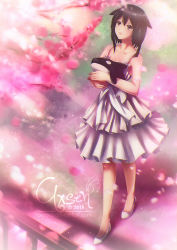 Rule 34 | 1girl, axsen, black hair, brown eyes, cherry blossoms, dated, doll, dress, frilled dress, frills, orca, original, pink theme, signature, slippers, solo, stuffed animal, stuffed toy, toy, watermark, web address, white dress