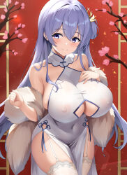 Rule 34 | 1girl, asanagi shion, azur lane, bare shoulders, blush, breasts, china dress, chinese clothes, closed mouth, clothing cutout, commentary request, covered erect nipples, covered navel, cowboy shot, dress, feather boa, fur shawl, garter straps, hair between eyes, hair ornament, highres, large breasts, long hair, looking at viewer, official alternate costume, pelvic curtain, purple eyes, purple hair, rodney (azur lane), rodney (immaculate beauty) (azur lane), shawl, sidelocks, skindentation, sleeveless, sleeveless dress, smile, solo, standing, thighhighs, underboob, underboob cutout, very long hair, white thighhighs