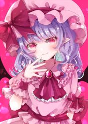 Rule 34 | 1girl, ascot, back bow, bat wings, black wings, bow, brooch, closed mouth, collared shirt, commentary request, cowboy shot, frilled ascot, frilled shirt, frilled shirt collar, frilled sleeves, frills, hat, hat ribbon, jaku sono, jewelry, looking at viewer, medium hair, mob cap, pink background, pink eyes, pink hat, pink skirt, pointy ears, puffy short sleeves, puffy sleeves, purple hair, purple skirt, red ascot, red bow, red brooch, red ribbon, remilia scarlet, ribbon, shirt, short sleeves, simple background, skirt, sleeve ribbon, smile, solo, touhou, wings, wrist cuffs