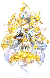 Rule 34 | 1girl, absurdres, bad id, bad pixiv id, bare shoulders, braid, code: empress (elsword), detached sleeves, dress, elsword, eve (elsword), flower, highres, md5 mismatch, poseich, short hair, solo, thigh gap, thighhighs, white hair, yellow eyes