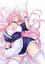 Rule 34 | 1girl, bare shoulders, blue eyes, frilled thighhighs, frills, hair spread out, highres, long hair, lying, maid, maid headdress, off shoulder, on back, pink hair, solo, tadashii kodomo no tsukuri kata!, takane kyouko, thighhighs, toto. (nahanahasai), untied, very long hair, white thighhighs, wrist cuffs