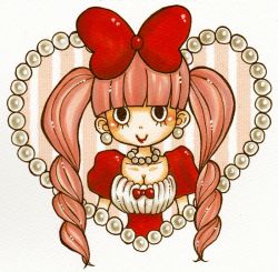 Rule 34 | 1girl, bow, dress, gem, heart, nanako (skr7k), one piece, pearl (gemstone), perona, pink hair, red dress, red ribbon, ribbon, twintails