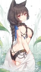 Rule 34 | 1girl, animal ears, arched back, ass, ayuanlv, back, backless swimsuit, bad id, bad twitter id, bare shoulders, bikini, black bikini, black hair, blue ribbon, braid, erune, from side, granblue fantasy, hair ribbon, highres, leaf, lily pad, long hair, looking at viewer, looking back, nier (granblue fantasy), nier (lover by the lily lake) (granblue fantasy), parted lips, red eyes, ribbon, ripples, shoulder blades, solo, standing, swimsuit, towel, twin braids, wading, water, waterfall, white background