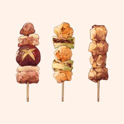 Rule 34 | chicken (food), commentary request, food, food focus, ikkaf sk, meat, no humans, original, simple background, skewer, vegetable, yakitori, yellow background