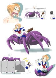 Rule 34 | 4girls, :p, :q, arachne, arthropod girl, bento, black hair, bread slice, briefcase, brown hair, carapace, chibimademonpet, chopsticks, eating, extra eyes, fangs, fleeing, food, food in mouth, green eyes, highres, insect girl, long hair, monster girl, mouth hold, multiple girls, multiple legs, orange hair, original, ponytail, school briefcase, school uniform, shadow, short hair, signature, spider girl, spoken sweatdrop, sweatdrop, taur, toast, toast in mouth, toilet, toilet use, tongue, tongue out, very long hair, volleyball net