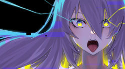 Rule 34 | 1girl, absurdres, artist request, black background, blonde hair, colored inner hair, crazy eyes, electricity, empty eyes, energy, eyelashes, facing viewer, female focus, glitch, glowing, glowing eyes, glowing hair, hair between eyes, highres, hololive, hololive indonesia, huge filesize, k/da (league of legends), lightning, long bangs, long hair, long image, looking at viewer, moona hoshinova, multicolored hair, neck, open mouth, portrait, purple hair, sparkle, staring, tall image, tongue, tongue out, two-tone hair, very long hair, virtual youtuber, yandere, yandere trance, yellow eyes