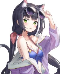 Rule 34 | 1girl, animal ear fluff, animal ears, bikini, black hair, blue bikini, blush, breasts, cat ears, cat girl, cat tail, cleavage, commentary, eyewear on head, fang, fingernails, green eyes, hair ribbon, hand up, jacket, karyl (princess connect!), karyl (summer) (princess connect!), looking at viewer, low twintails, medium breasts, mint (psmin30), multicolored hair, open mouth, princess connect!, purple jacket, red ribbon, ribbon, simple background, solo, streaked hair, sunglasses, sweatdrop, swimsuit, tail, twintails, white background, white hair