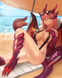 Rule 34 | 1girl, absurdres, animal ears, animal hands, ass, bad link, beach, beach chair, black one-piece swimsuit, blue sky, blush, breasts, claws, closed mouth, cloud, commentary, commission, cup, day, dragon girl, dragon horns, dragon tail, dragon wings, drink, drinking glass, drinking straw, english commentary, eyewear on head, fingernails, fins, food, from side, fruit, gold teeth, hair between eyes, hand on own chest, head fins, heart, highres, holding, holding cup, holding drinking glass, horizon, horns, jabberwock (monster girl encyclopedia), knee up, large breasts, long fingernails, long hair, looking at viewer, monster girl, monster girl encyclopedia, ocean, one-piece swimsuit, orange (fruit), orange slice, outdoors, pink hair, red eyes, second-party source, sitting, sky, slingshot swimsuit, slit pupils, solo, sookmo, sunglasses, sweat, swimsuit, tail, tentacles, wings
