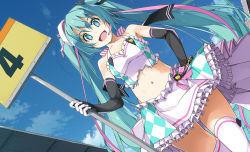 Rule 34 | 1girl, bare hips, earphones, elbow gloves, gloves, green eyes, green hair, hatsune miku, highres, holding, holding sign, looking at viewer, racing miku, shikei, sign, skirt, smile, solo, thighhighs, twintails, vocaloid