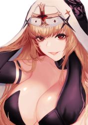 Rule 34 | 1girl, armband, blonde hair, breasts, brown eyes, cleavage, cross, destiny child, elbow gloves, eyelashes, gem, gloves, highres, large breasts, long eyelashes, long hair, milk4290, miriam (destiny child), mole, mole under mouth, nun, parted lips, purple gloves, shiny skin, simple background, skindentation, smile, solo, teeth, upper body