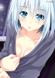 Rule 34 | 10s, 1girl, absurdres, artist name, blue eyes, breasts, breasts apart, close-up, clothes pull, collarbone, date a live, facu10mag, gradient background, highres, long sleeves, looking at viewer, night, night sky, parted lips, shirt pull, sky, small breasts, solo, star (sky), starry sky, tobiichi origami, upper body, white hair