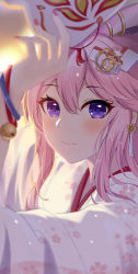 Rule 34 | 1girl, absurdres, bell, blush, closed mouth, earrings, floral print, from side, hair between eyes, hair ornament, highres, honkai (series), honkai impact 3rd, japanese clothes, jewelry, jingle bell, kimono, long hair, looking at viewer, looking to the side, mask, mask on head, nail polish, pink hair, pink lips, pink nails, print kimono, purple eyes, sidelocks, smile, solo, takeawatch, upper body, white kimono, wristband, yae sakura