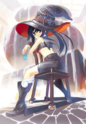 Rule 34 | 1girl, black eyes, black hair, boots, chair, glass, hat, highres, hirokiku, long hair, looking back, original, sitting, sitting backwards, skirt, smile, solo, twintails, witch hat