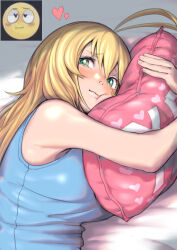 Rule 34 | 1girl, absurdres, antenna hair, blonde hair, blue shirt, blush, breasts, closed mouth, commentary request, emoji, from side, green eyes, heart, highres, hugging object, large breasts, light smile, long hair, looking at viewer, lying, mashima jirou, nose blush, on bed, on side, pillow, pillow hug, reference inset, revision, shirt, sleeveless, sleeveless shirt, solo, tsurumaki maki, upper body, voiceroid, yes, yes-no pillow