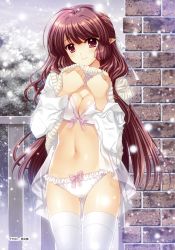 Rule 34 | 1girl, absurdres, blush, bow, bow bra, bow panties, bra, breasts, brown eyes, brown hair, clothes lift, frilled bra, frilled panties, frills, highres, jacket, lingerie, lithia, long hair, medium breasts, navel, nishimata aoi, open clothes, open jacket, panties, pointy ears, shuffle! episode 2, smile, snow, solo, sweater, sweater lift, thighhighs, underwear, underwear only, white bra, white jacket, white panties, white thighhighs, winter, winter clothes