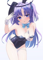 Rule 34 | 1girl, absurdres, bare shoulders, blue archive, blue eyes, gloves, highres, hitsuji (myn mei), looking at viewer, purple hair, rabbit ears, simple background, solo, two side up, white gloves, yuuka (blue archive)