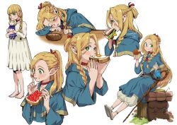 Rule 34 | 1girl, aged down, ambrosia (dungeon meshi), artist name, backpack, bag, bedroll, belt, blue robe, braid, bread, bread slice, character doll, dungeon meshi, eating, edomon-do, elf, falin touden, food, food on face, fried egg, fried egg on toast, green eyes, hand up, highres, holding, holding spoon, marcille donato, multiple views, mushroom, pajamas, pointy ears, robe, sitting, sitting on tree stump, sleeping, smile, soup, spoon, stuffed toy, toast, twin braids, twintails, two side up, unworn backpack, unworn bag, white background, white pajamas