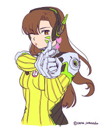 Rule 34 | 1girl, aiming, aiming at viewer, alternate color, amanda zinna, animal print, armor, bodysuit, bracer, breasts, brown eyes, brown hair, d.va (overwatch), facepaint, facial mark, hands up, headphones, heart, long hair, looking at viewer, one eye closed, overwatch, overwatch 1, parted lips, pauldrons, pilot suit, pink lips, rabbit print, ribbed bodysuit, shoulder armor, shoulder pads, simple background, skin tight, solo, standing, twitter username, whisker markings, white background, yellow bodysuit