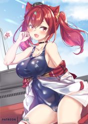 Rule 34 | 1girl, animal ears, arm behind back, arm up, armband, artist name, azur lane, backpack, bag, bare shoulders, blue sky, blush, breasts, cat ears, cat tail, choker, clothes writing, cloud, collarbone, commentary, contrapposto, cowboy shot, day, dress, dutch angle, english commentary, fang, flag, hair between eyes, hand on own face, hat, head tilt, highres, i-19 (azur lane), large breasts, light particles, long hair, looking at viewer, mini hat, off shoulder, one-piece swimsuit, open mouth, outdoors, red eyes, red hair, sailor hat, school swimsuit, sidelocks, sky, sleeveless, sleeveless dress, sleeves past wrists, smile, solo, sparkle, submarine, swimsuit, tail, thighhighs, tnolize, twintails, upper body, watercraft, watermark, web address, white dress, white thighhighs