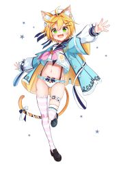 Rule 34 | 1girl, :d, absurdres, ahoge, animal ear fluff, animal ears, beret, bikini, bikini bottom only, black footwear, blonde hair, blouse, blue jacket, buttons, cat ears, cat girl, cat tail, crop top, crop top overhang, fang, frilled bikini, frills, fruits fulcute!, full body, goroo (eneosu), green eyes, groin, hair ornament, hairclip, hat, highres, jacket, layered sleeves, leg belt, leg up, long sleeves, looking at viewer, midriff, navel, neckerchief, open clothes, open jacket, open mouth, outstretched arms, pink thighhighs, puffy sleeves, ribbon, sailor collar, shirt, shoes, short hair, short over long sleeves, short sleeves, simple background, skindentation, smile, solo, standing, standing on one leg, star (symbol), star hair ornament, stomach, striped clothes, striped thighhighs, suspenders, swimsuit, tail, tail ornament, tail ribbon, thigh strap, thighhighs, thighs, white background, white bikini, white hat, white shirt