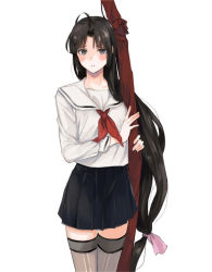 Rule 34 | 1girl, ahoge, alternate costume, black hair, blush, bow (weapon), brown eyes, hair ribbon, kantai collection, long hair, low-tied long hair, pink ribbon, pleated skirt, ribbon, rollermet, school uniform, shouhou (kancolle), simple background, skirt, solo, thighhighs, weapon, white background, zettai ryouiki